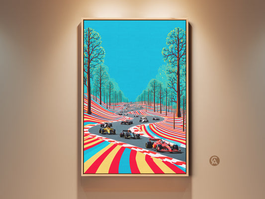 A framed canvas print showcases a vibrant Formula 1 race. The artwork features race cars speeding around a colorful track. Tall trees line the track under a bright blue sky. This modern motorsport art makes a perfect gift for an F1 fan. Add speed and color to any office or home space with this racing scene.
