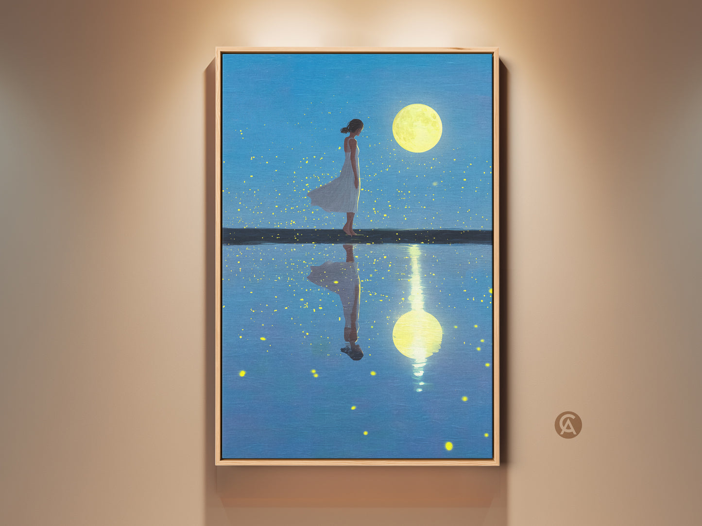 This canvas print features a surreal scene. A woman stands under a luminous moon her reflection shimmers. The blue sky contrasts with the yellow moon. This figurative fantasy art is perfect boho bedroom decor. It's a captivating housewarming gift.
