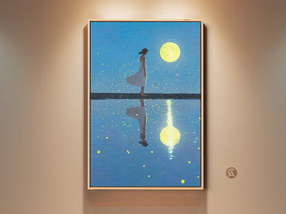 This canvas print features a surreal scene. A woman stands under a luminous moon her reflection shimmers. The blue sky contrasts with the yellow moon. This figurative fantasy art is perfect boho bedroom decor. It's a captivating housewarming gift.