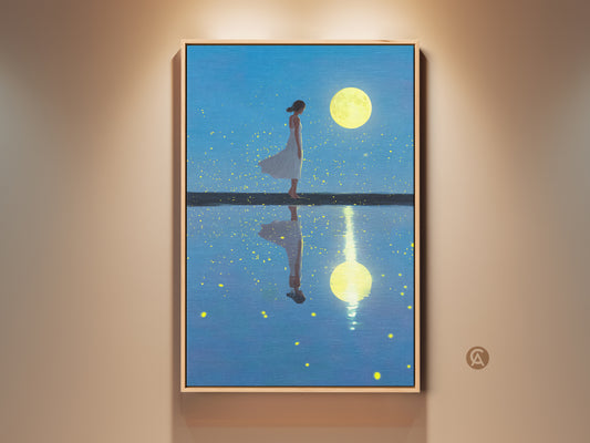 This canvas print features a surreal scene. A woman stands under a luminous moon her reflection shimmers. The blue sky contrasts with the yellow moon. This figurative fantasy art is perfect boho bedroom decor. It's a captivating housewarming gift.