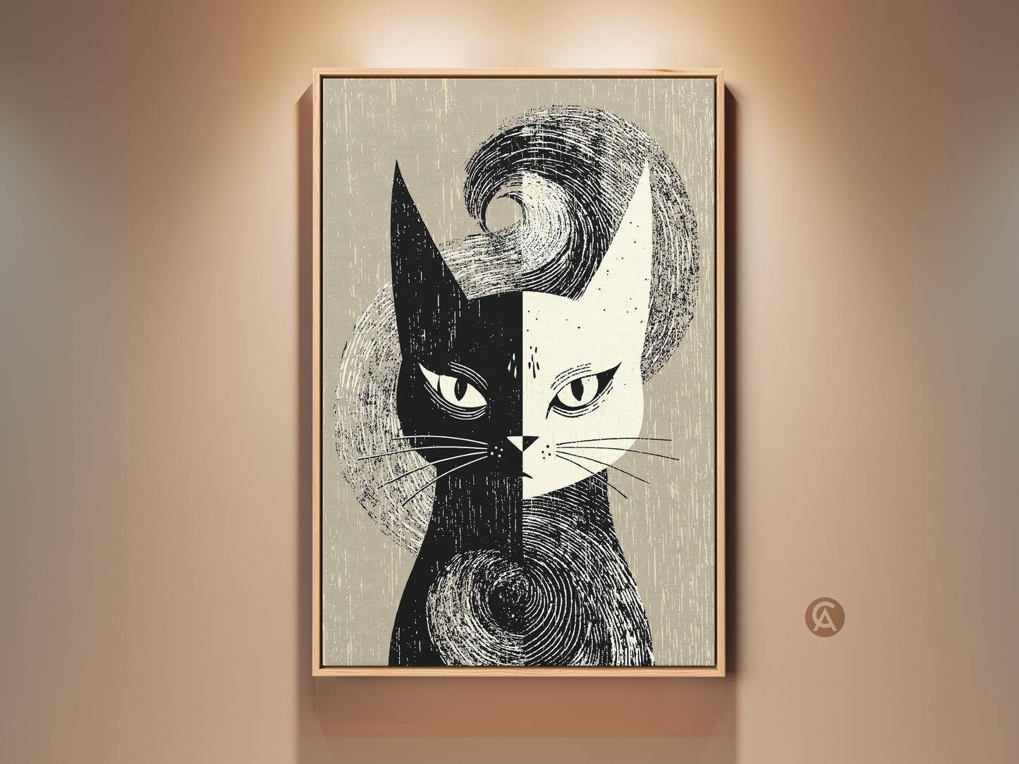 A framed mid-century modern cat art print is displayed. The black and white abstract animal face adds retro charm to any room. Perfect home decor for cat lovers seeking unique wall art. The artwork enhances bedroom or living room aesthetics with its monochrome style and textured details.