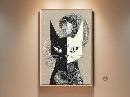 A framed mid-century modern cat art print is displayed. The black and white abstract animal face adds retro charm to any room. Perfect home decor for cat lovers seeking unique wall art. The artwork enhances bedroom or living room aesthetics with its monochrome style and textured details.