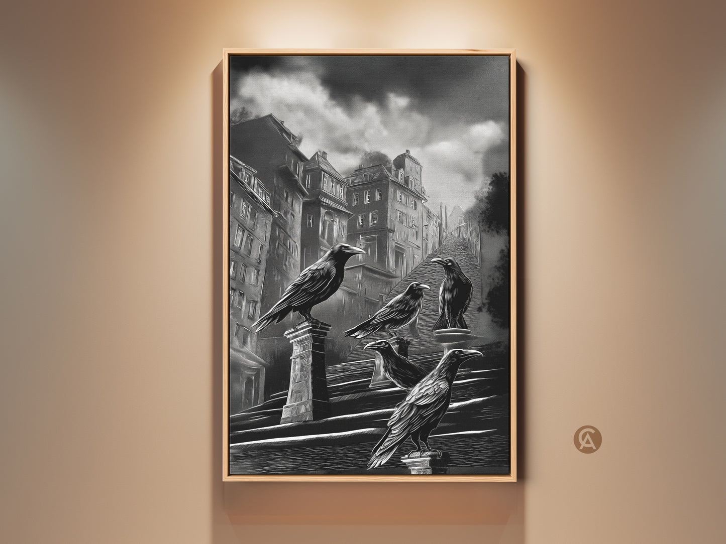 Gothic crow art print displayed in a frame. This dark academia cityscape wall art features a black and white urban architecture canvas. It's a perfect gothic literature fan gift. The raven perched on building art adds a moody gothic touch. Enhance your dark academic study decor with this unique piece of halloween urban art. A monochrome bird art print for gothic office wall decor.