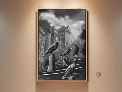 Gothic crow art print displayed in a frame. This dark academia cityscape wall art features a black and white urban architecture canvas. It's a perfect gothic literature fan gift. The raven perched on building art adds a moody gothic touch. Enhance your dark academic study decor with this unique piece of halloween urban art. A monochrome bird art print for gothic office wall decor.