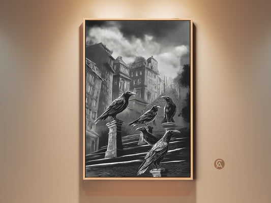 Gothic crow art print displayed in a frame. This dark academia cityscape wall art features a black and white urban architecture canvas. It's a perfect gothic literature fan gift. The raven perched on building art adds a moody gothic touch. Enhance your dark academic study decor with this unique piece of halloween urban art. A monochrome bird art print for gothic office wall decor.