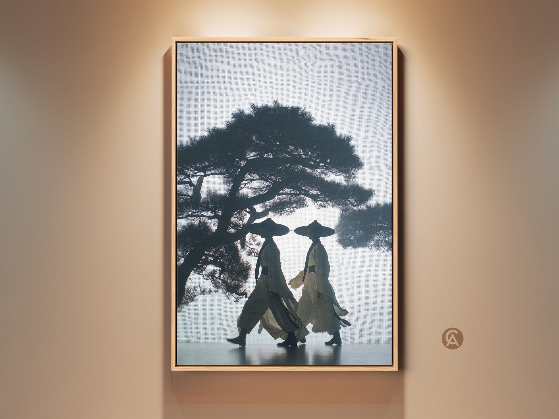 Japandi minimalist wall decor featuring silhouetted figures. The dark blue beige canvas art showcases two figures in traditional attire beneath a pine tree. This travel gift brings cultural elegance to modern homes a peaceful nature scene print for an entryway.