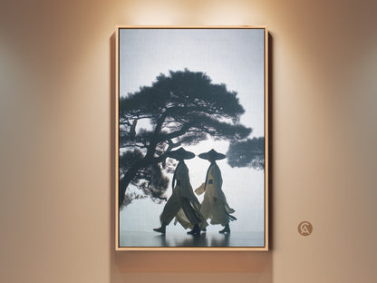 Japandi minimalist wall decor featuring silhouetted figures. The dark blue beige canvas art showcases two figures in traditional attire beneath a pine tree. This travel gift brings cultural elegance to modern homes a peaceful nature scene print for an entryway.
