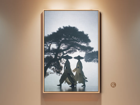 Japandi minimalist wall decor featuring silhouetted figures. The dark blue beige canvas art showcases two figures in traditional attire beneath a pine tree. This travel gift brings cultural elegance to modern homes a peaceful nature scene print for an entryway.