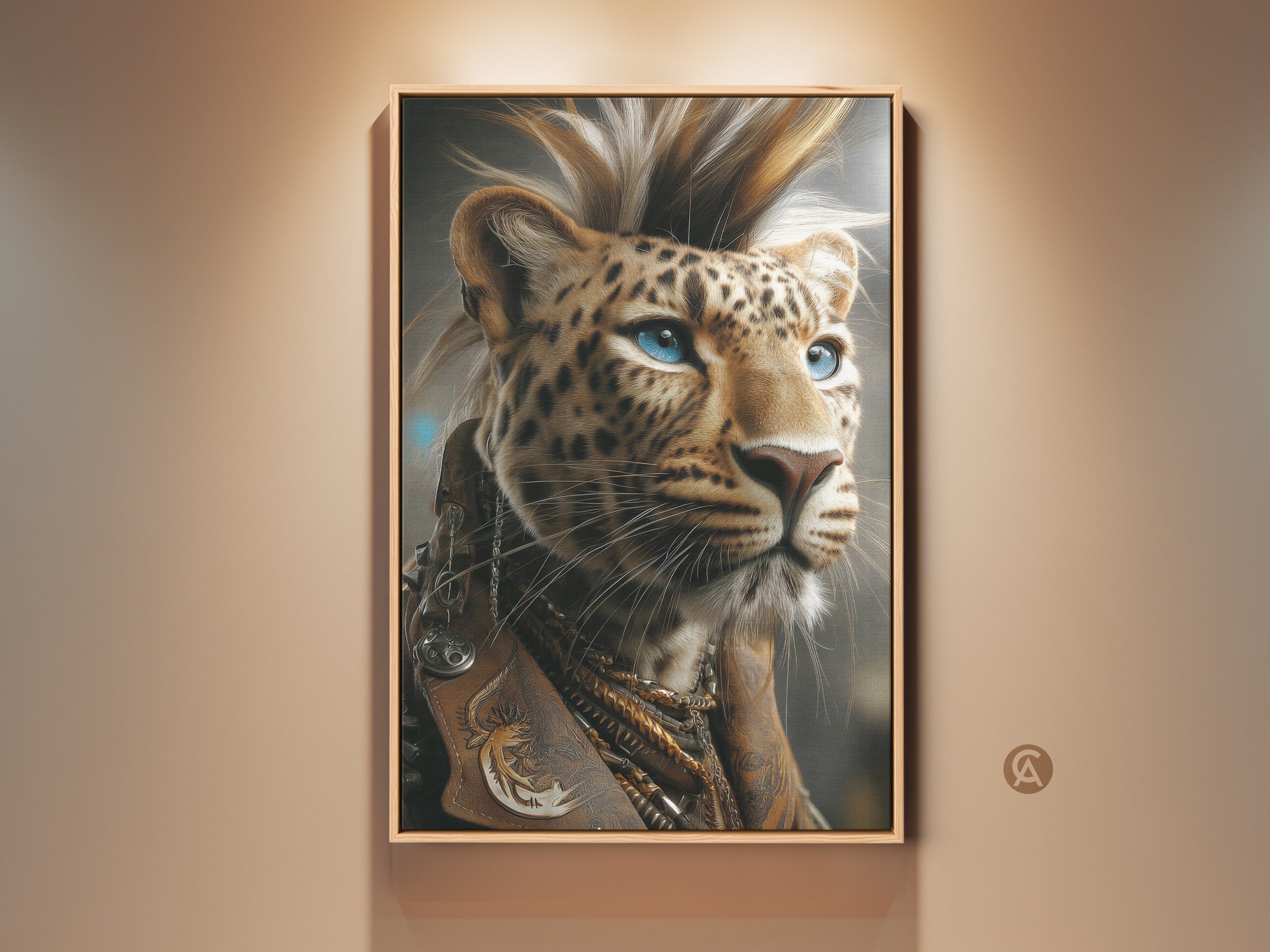 Fantasy Leopard Portrait. The artwork is on a Canvas Print. Rockstar Punk Animal Wall decor for an office or eclectic space. This gold and brown leather aesthetic is a unique gift.