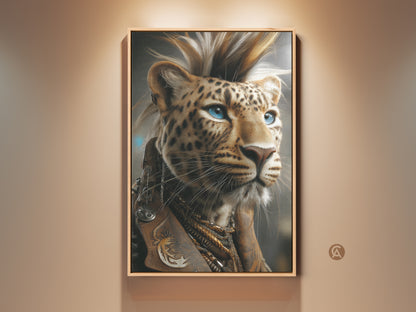 Fantasy Leopard Portrait. The artwork is on a Canvas Print. Rockstar Punk Animal Wall decor for an office or eclectic space. This gold and brown leather aesthetic is a unique gift.