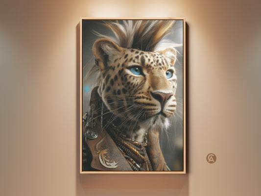 Fantasy Leopard Portrait. The artwork is on a Canvas Print. Rockstar Punk Animal Wall decor for an office or eclectic space. This gold and brown leather aesthetic is a unique gift.