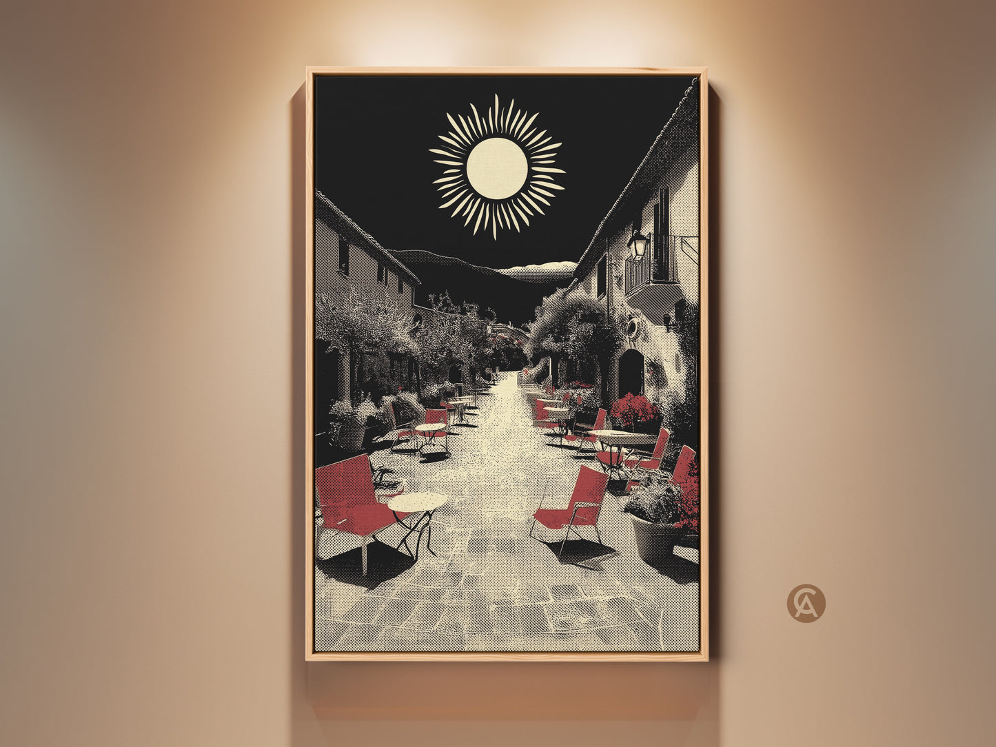 This Mediterranean village street artwork shows outdoor seating beneath a retro sun. The black red and beige wall decor creates a charming European cafe scene. It is an ideal housewarming art gift for travel lovers. The halftone art style enhances this vintage travel poster vibe. Add scenic wanderlust to your home with this piece.
