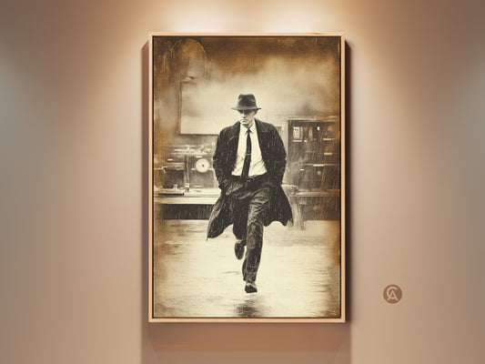 Sepia Film Noir Canvas artwork. A vintage detective runs in the rain. This urban mystery wall hanging is ideal industrial office decor. A perfect gift for film buffs.
