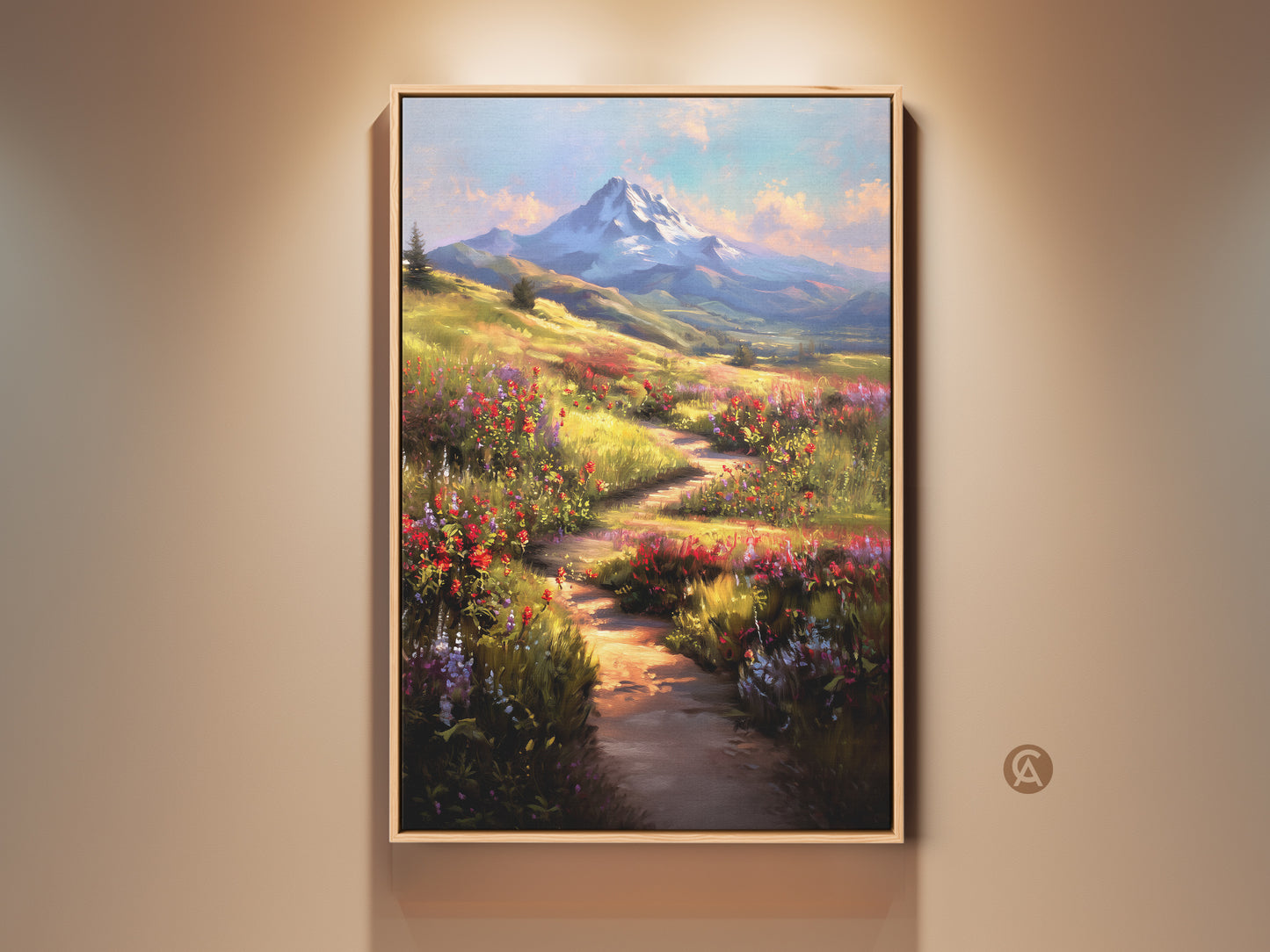 Impressionistic wildflower meadow canvas art showcases a painterly mountain scene. Blue yellow and green hues create a scenic landscape. Perfect bohemian nature print for modern farmhouse wall decor. This residential wall art brings the beauty of the outdoors into your home. Ideal as a housewarming gift for nature lovers.