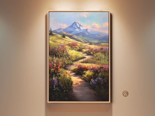 Impressionistic wildflower meadow canvas art showcases a painterly mountain scene. Blue yellow and green hues create a scenic landscape. Perfect bohemian nature print for modern farmhouse wall decor. This residential wall art brings the beauty of the outdoors into your home. Ideal as a housewarming gift for nature lovers.
