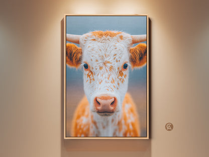 Close up of a longhorn calf art. The calf is orange and white. The artwork uses a neutral background. Perfect for modern farmhouse decor. A charming animal portrait to enhance your space.