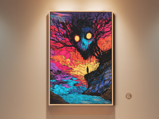 Gallery wall art featuring a surreal tree monster overlooking a vibrant waterscape. This fine art print captures a solitary figure on a cliff contemplating the colorful scene. It's a striking piece for any room. Perfect as a framed canvas or art poster.