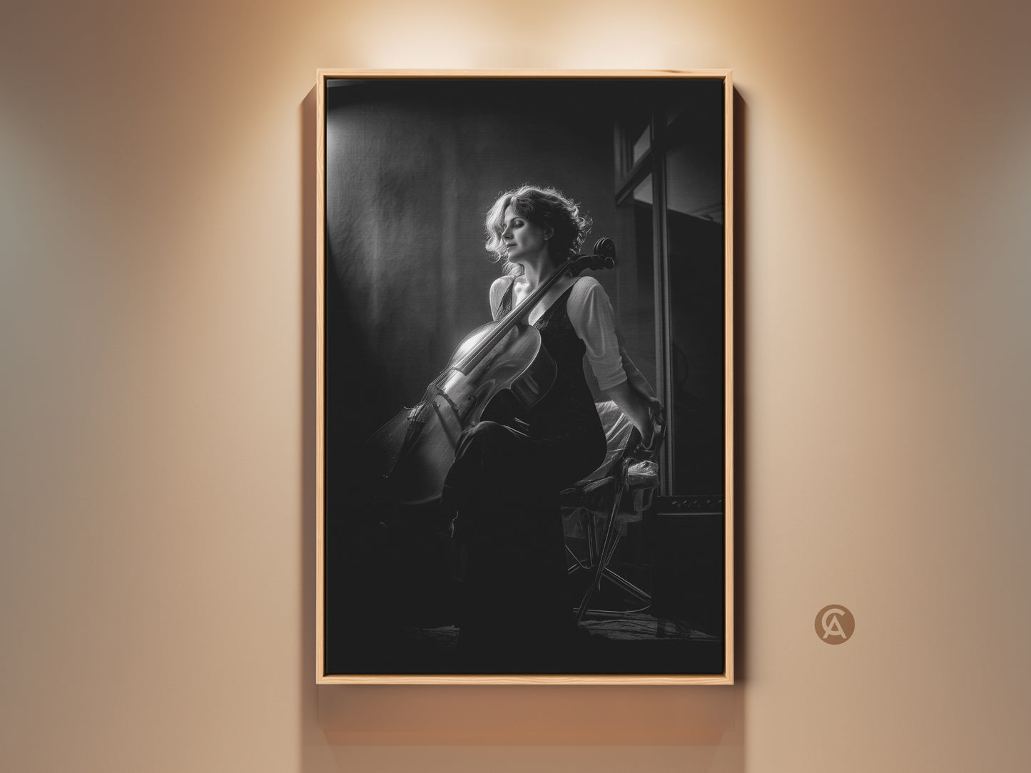 Elegant black and white cello art print. This contemporary portrait features a cellist in a moment of reflection. Perfect wall decor for a music room or home studio. A thoughtful gift for musicians and classical music enthusiasts. The artwork adds a touch of sophistication to any space.