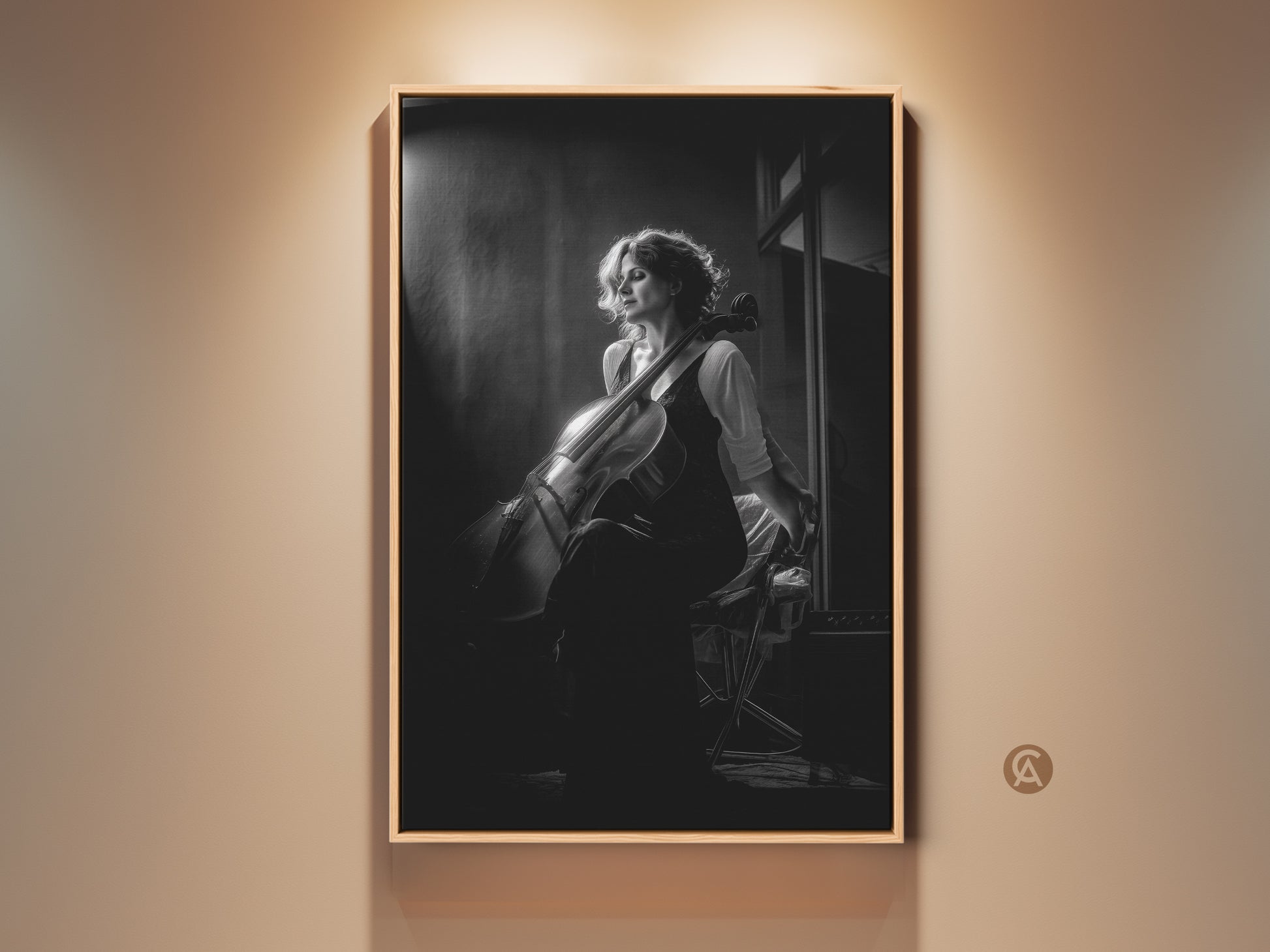 Elegant black and white cello art print. This contemporary portrait features a cellist in a moment of reflection. Perfect wall decor for a music room or home studio. A thoughtful gift for musicians and classical music enthusiasts. The artwork adds a touch of sophistication to any space.