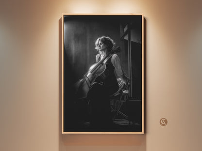 Elegant black and white cello art print. This contemporary portrait features a cellist in a moment of reflection. Perfect wall decor for a music room or home studio. A thoughtful gift for musicians and classical music enthusiasts. The artwork adds a touch of sophistication to any space.
