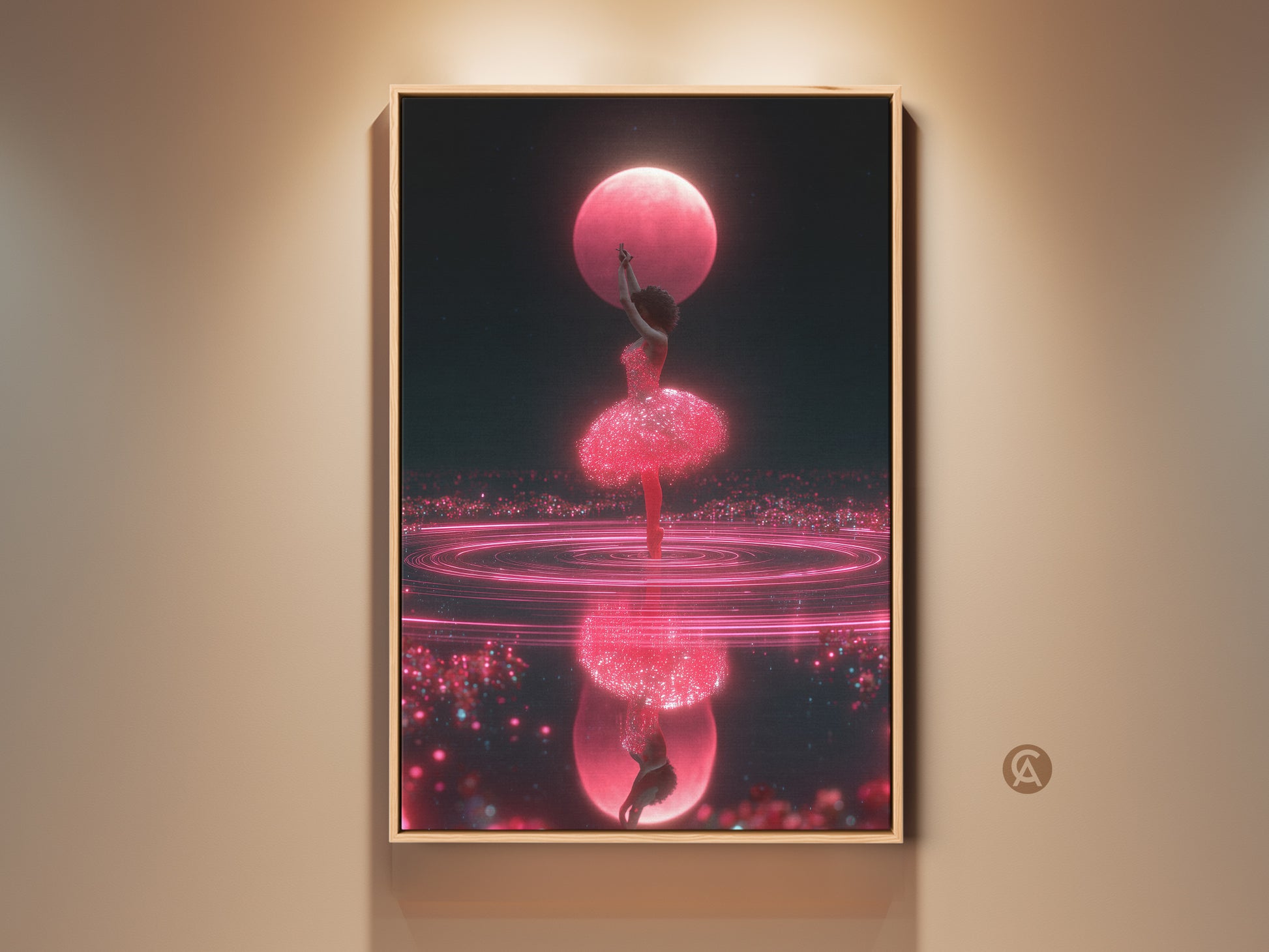 Framed cosmic ballerina art print displayed in a well-lit room. This surreal dance canvas wall art features hot pink and dark blue fantasy artwork. It makes a unique gift for dancers. The artwork adds a touch of contemporary elegance to any space.