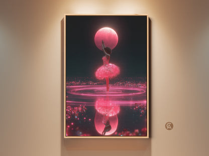 Framed cosmic ballerina art print displayed in a well-lit room. This surreal dance canvas wall art features hot pink and dark blue fantasy artwork. It makes a unique gift for dancers. The artwork adds a touch of contemporary elegance to any space.