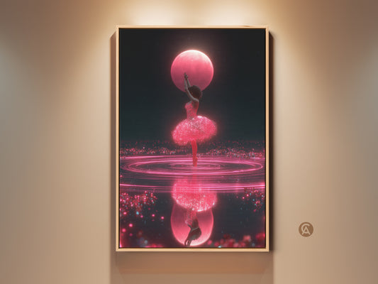 Framed cosmic ballerina art print displayed in a well-lit room. This surreal dance canvas wall art features hot pink and dark blue fantasy artwork. It makes a unique gift for dancers. The artwork adds a touch of contemporary elegance to any space.