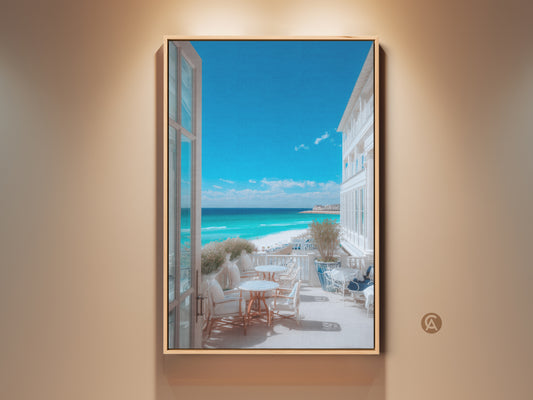 Framed canvas art featuring a serene beach view from a balcony. The artwork captures turquoise waters and white architecture. A perfect piece of coastal art to bring tranquility to your space.