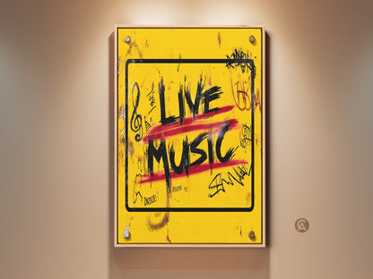 A vibrant 'Live Music' graffiti art print adds an urban edge to any room. Bold yellow red and black accents capture the energy of live performances. This musician gift idea is perfect for adding an eclectic touch to a music room or creative office space. Explore this urban street art canvas today.