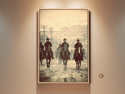 Sepia toned artwork featuring a line of horse mounted law enforcement figures. The artwork shows them riding down a city street. This vintage themed artwork is available as framed canvas art stretched canvas art and poster prints.