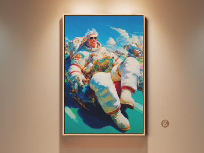 A captivating framed artwork of an astronaut. He lounges in a futuristic vehicle. The astronaut is depicted with sunglasses. The style is vibrant and modern. This art is perfect for adding a touch of cosmic cool to any room.