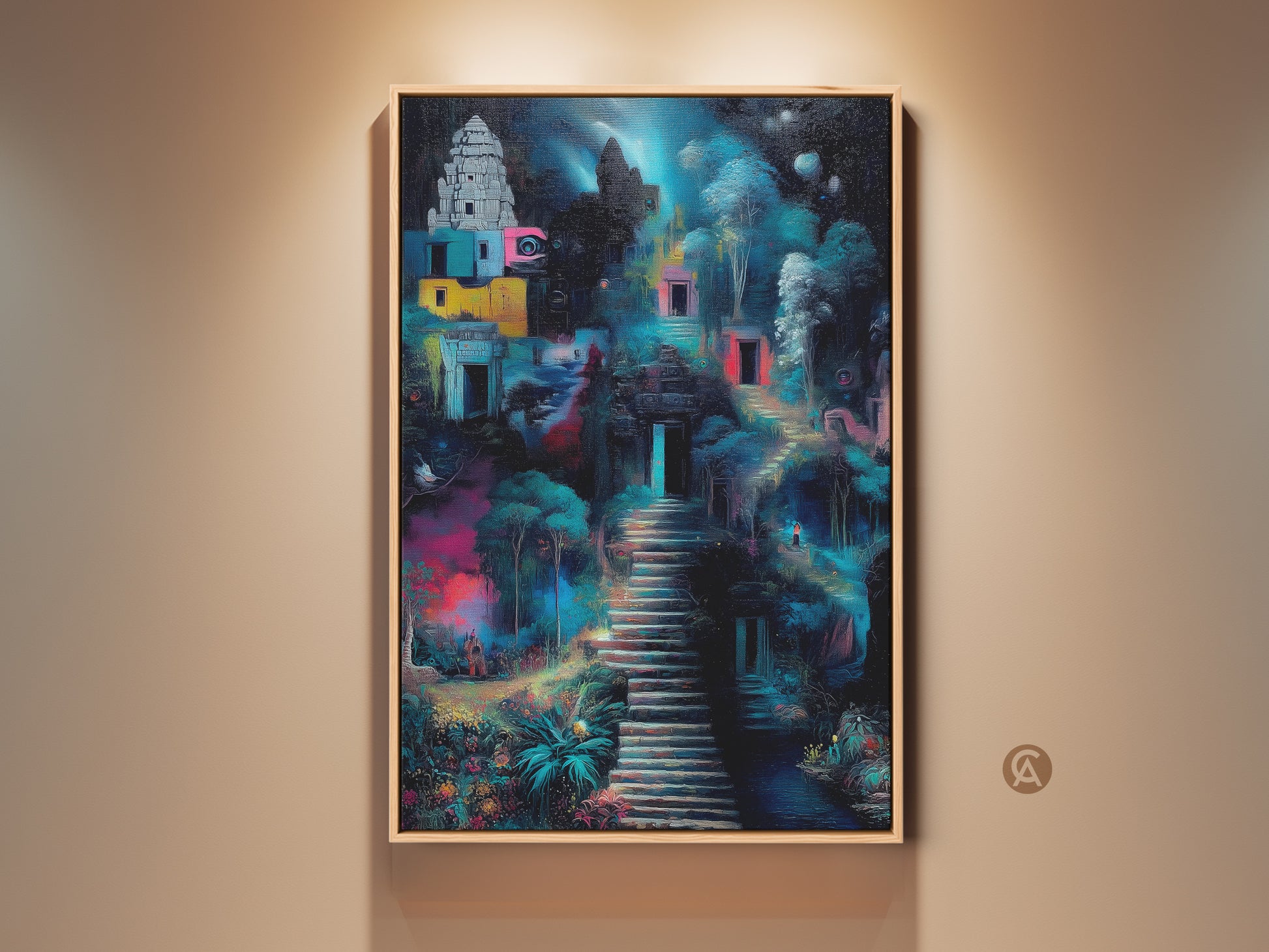 Temple art print adds eclectic flair. Surreal fantasy architecture in blue pink and teal colors. Ideal housewarming gift for travelers. Enhance your entry hall with this unique artwork.