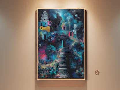 Temple art print adds eclectic flair. Surreal fantasy architecture in blue pink and teal colors. Ideal housewarming gift for travelers. Enhance your entry hall with this unique artwork.