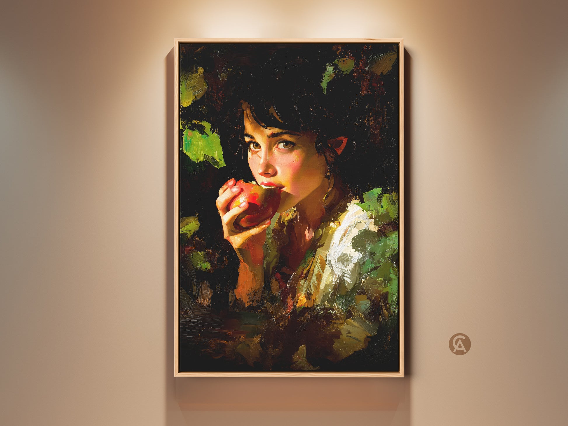 Chiaroscuro Apple Girl Art Print in a natural wood frame. The impressionist style and earthy tones add eclectic charm to any space. It's a perfect housewarming gift. This artwork brings classic artistry to bedrooms living rooms or dining areas. A deep red apple is a focal point.