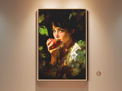 Chiaroscuro Apple Girl Art Print in a natural wood frame. The impressionist style and earthy tones add eclectic charm to any space. It's a perfect housewarming gift. This artwork brings classic artistry to bedrooms living rooms or dining areas. A deep red apple is a focal point.