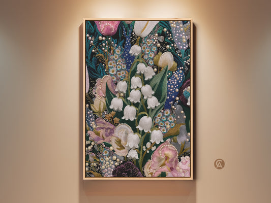 Framed botanical embroidery wall art featuring Lily of the Valley and Peony floral artwork. This vintage textile art has green teal and pearl accents. It's an eclectic decor piece that adds sophisticated beauty to any room. Perfect housewarming gift for plant lovers.