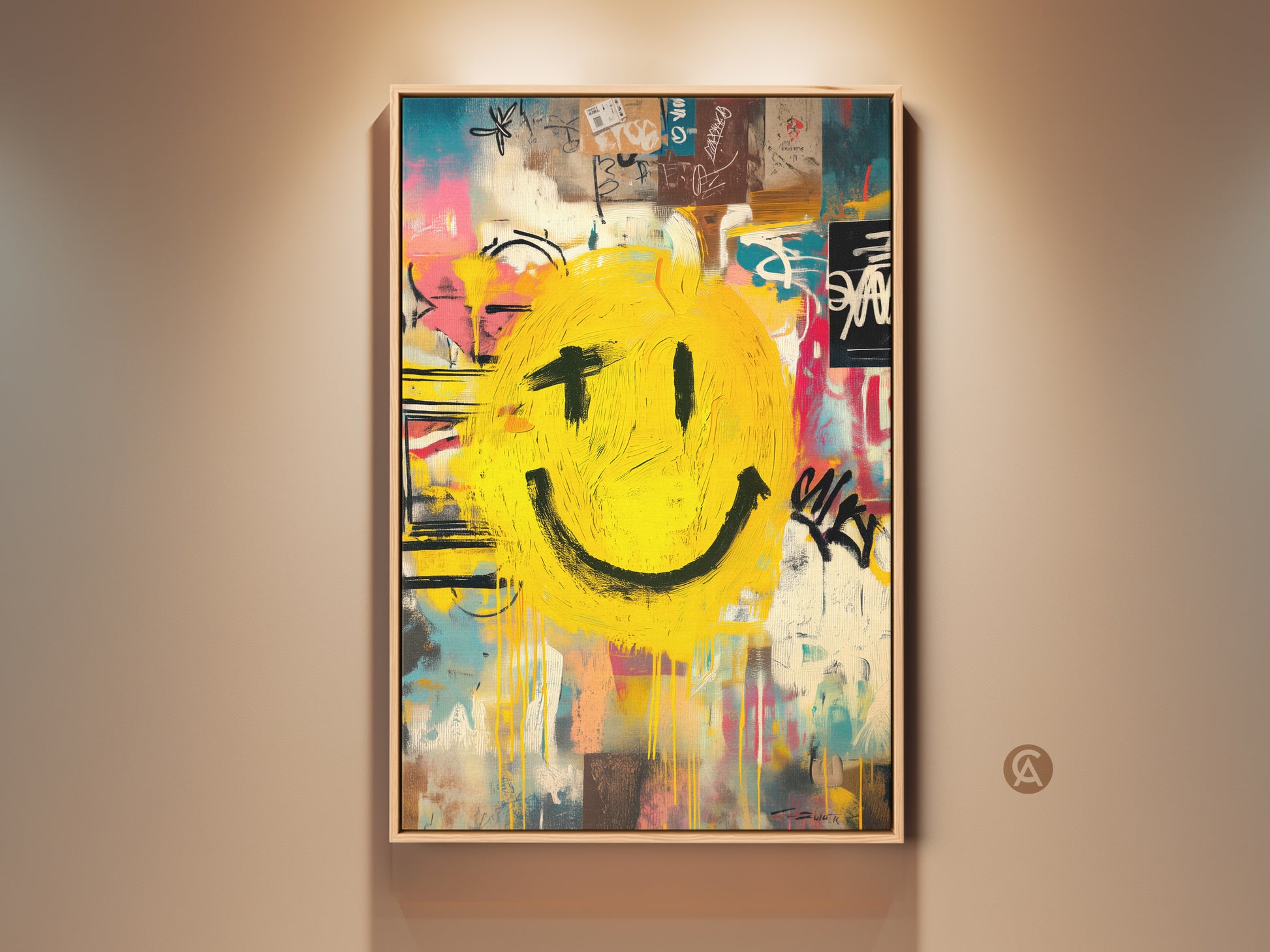 A vibrant yellow smiley face artwork. It is set against a backdrop of abstract graffiti. This contemporary wall art print brings an edgy modern vibe. This piece is ideal for adding a pop of color to any room.