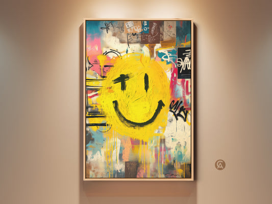 A vibrant yellow smiley face artwork. It is set against a backdrop of abstract graffiti. This contemporary wall art print brings an edgy modern vibe. This piece is ideal for adding a pop of color to any room.
