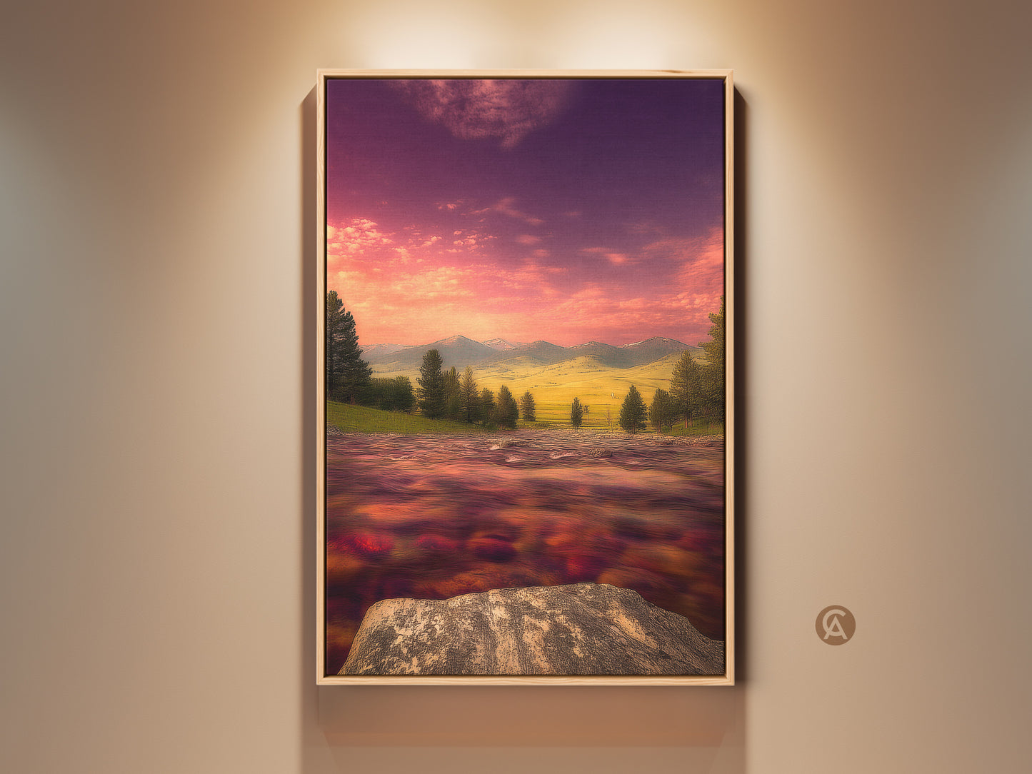 Impressionist river and mountain landscape art in a wood frame. Features a pink and purple sunset sky. This painterly scenery canvas art makes a vibrant contemporary home decor piece. The tranquil river artwork would be a thoughtful housewarming gift wall art.