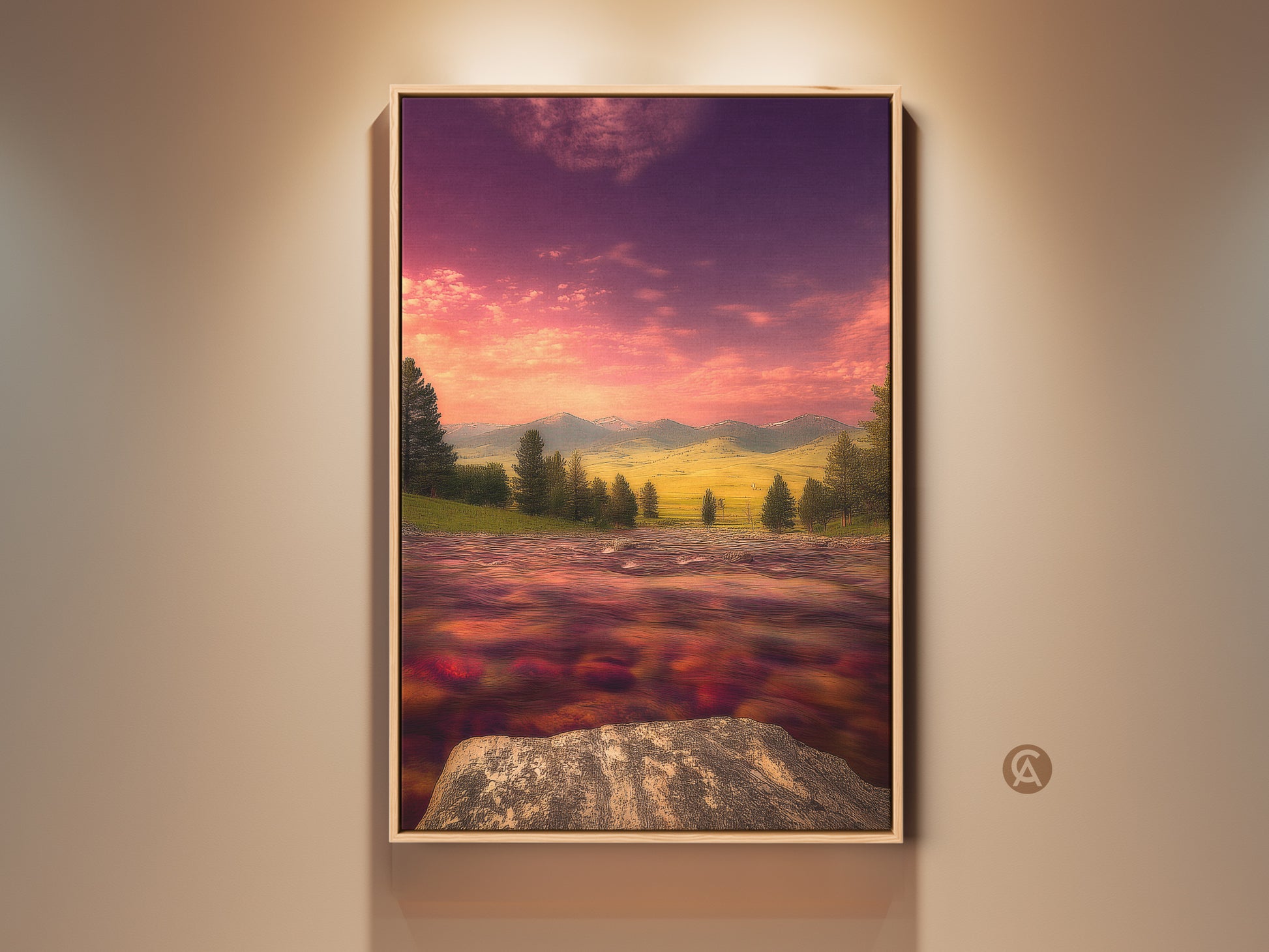 Impressionist river and mountain landscape art in a wood frame. Features a pink and purple sunset sky. This painterly scenery canvas art makes a vibrant contemporary home decor piece. The tranquil river artwork would be a thoughtful housewarming gift wall art.