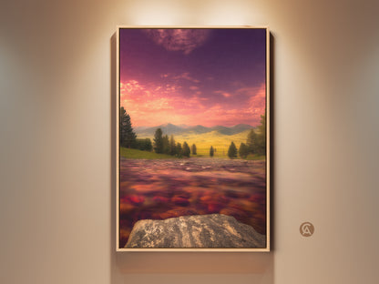 Impressionist river and mountain landscape art in a wood frame. Features a pink and purple sunset sky. This painterly scenery canvas art makes a vibrant contemporary home decor piece. The tranquil river artwork would be a thoughtful housewarming gift wall art.