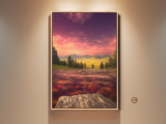Impressionist river and mountain landscape art in a wood frame. Features a pink and purple sunset sky. This painterly scenery canvas art makes a vibrant contemporary home decor piece. The tranquil river artwork would be a thoughtful housewarming gift wall art.