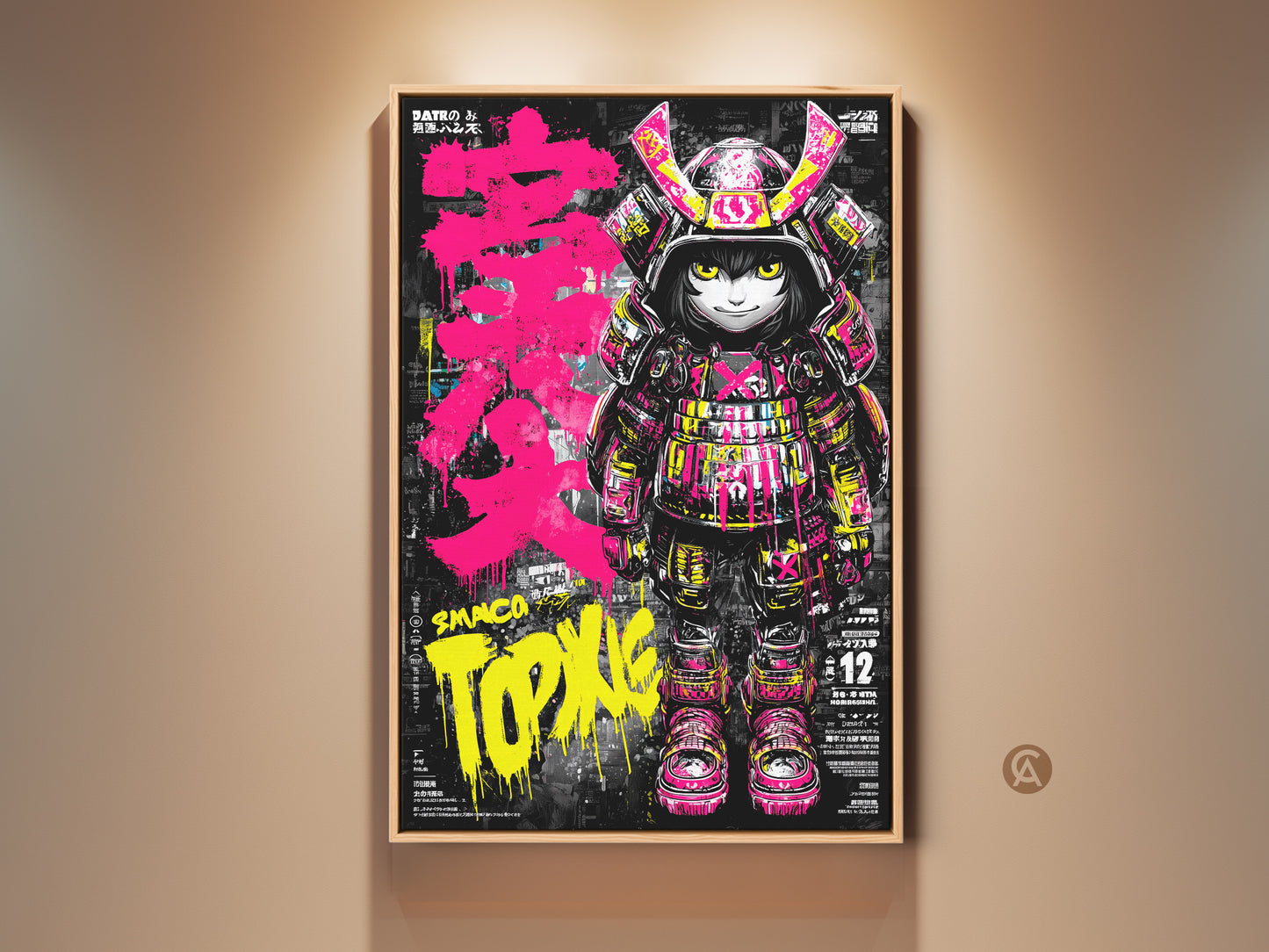 Framed artwork featuring a Smaco Topix character. The character is dressed as a samurai. Bright pink and yellow accents pop against the dark background. This art is perfect for adding an edgy urban vibe to any room.