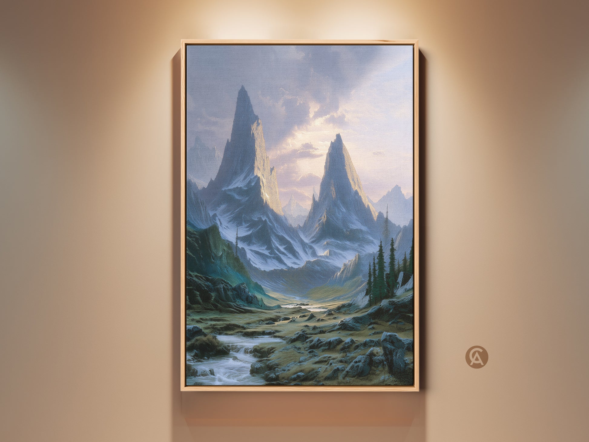 Rustic mountain river canvas print displayed in a warm beige room. This teal green peaks nature art brings an epic landscape to any wall. Perfect housewarming gift for nature lovers seeking serene decor.