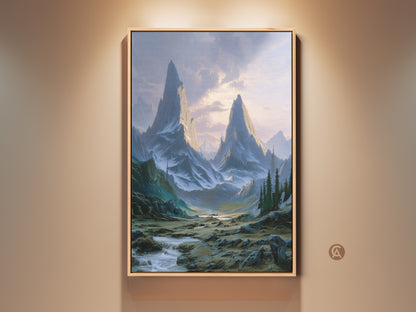 Rustic mountain river canvas print displayed in a warm beige room. This teal green peaks nature art brings an epic landscape to any wall. Perfect housewarming gift for nature lovers seeking serene decor.