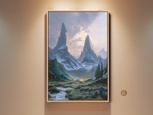 Rustic mountain river canvas print displayed in a warm beige room. This teal green peaks nature art brings an epic landscape to any wall. Perfect housewarming gift for nature lovers seeking serene decor.