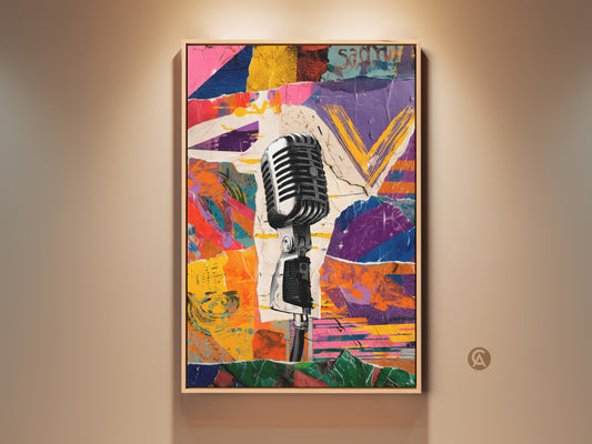 Retro Microphone Collage Canvas Print displayed in a room setting. This urban abstract art piece features a vibrant orange yellow purple palette. This eclectic music studio wall decor is a unique gift for musicians.