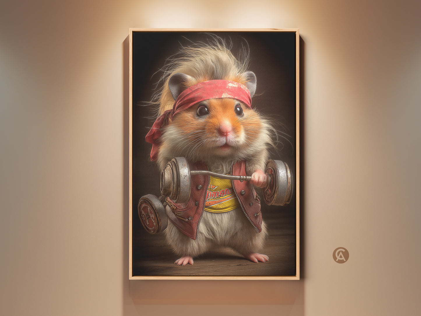 This is a funny hamster lifting weights wall art. This cute gym decor canvas print shows a hamster wearing a red bandana and lifting a barbell. A perfect fitness motivation gift for the workout enthusiast. It adds humor to any home gym or office. The artwork is eclectic and vibrant.