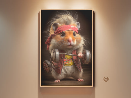 This is a funny hamster lifting weights wall art. This cute gym decor canvas print shows a hamster wearing a red bandana and lifting a barbell. A perfect fitness motivation gift for the workout enthusiast. It adds humor to any home gym or office. The artwork is eclectic and vibrant.