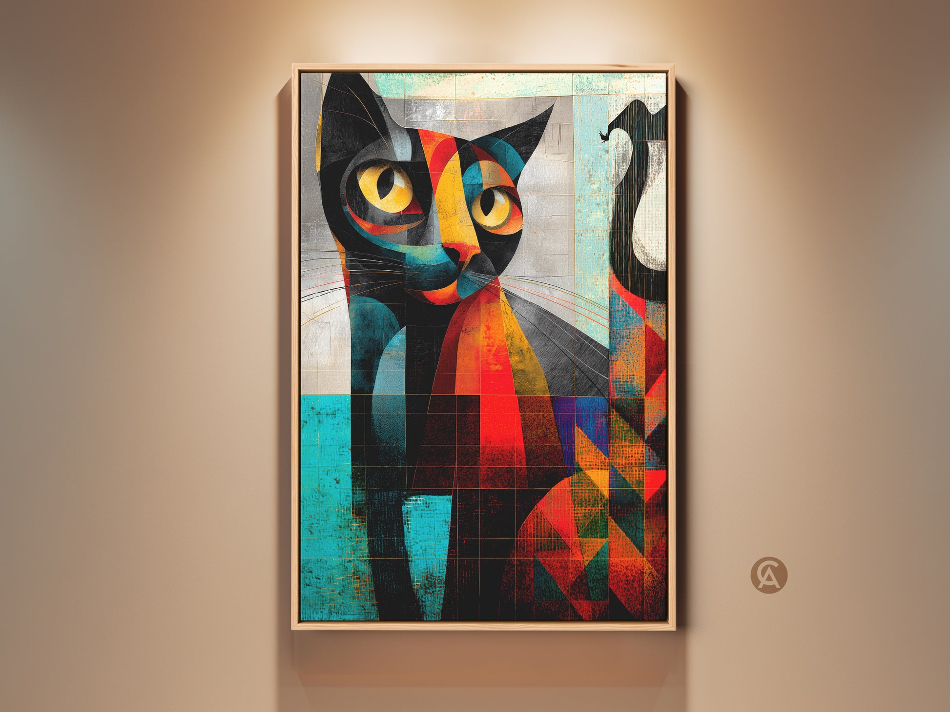 Modern cat art print is displayed in a frame on a neutral wall. This cubist portrait features bold orange teal and yellow accents. It's a striking piece of animal wall art. The eclectic style makes it a perfect home gift. Ideal for cat lovers seeking unique wall decor.
